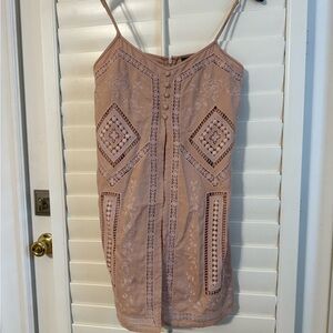 BCBGMaxAzria Lace Embellished Mini Dress in Tan